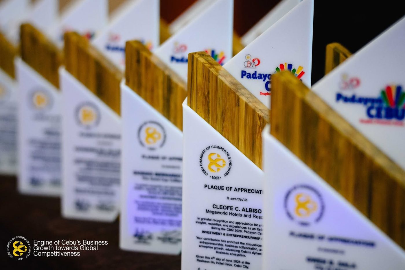 A row of plaques of appreciation, each personalised with a recipient's name and citation