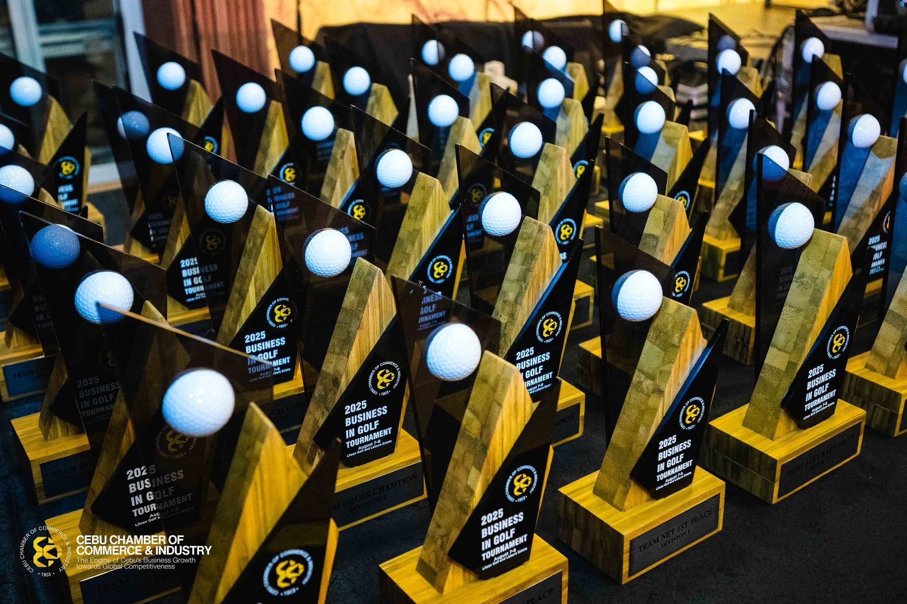 Rows of wood and black acrylic golf trophies, each topped with a golf ball, for the 2025 Business in Golf Tournament
