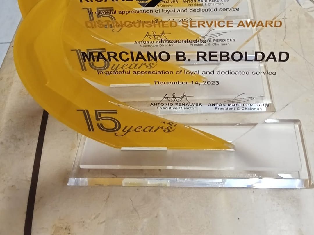 Clear acrylic 15-year Distinguished Service Awards with a gold accent, lined up in a row